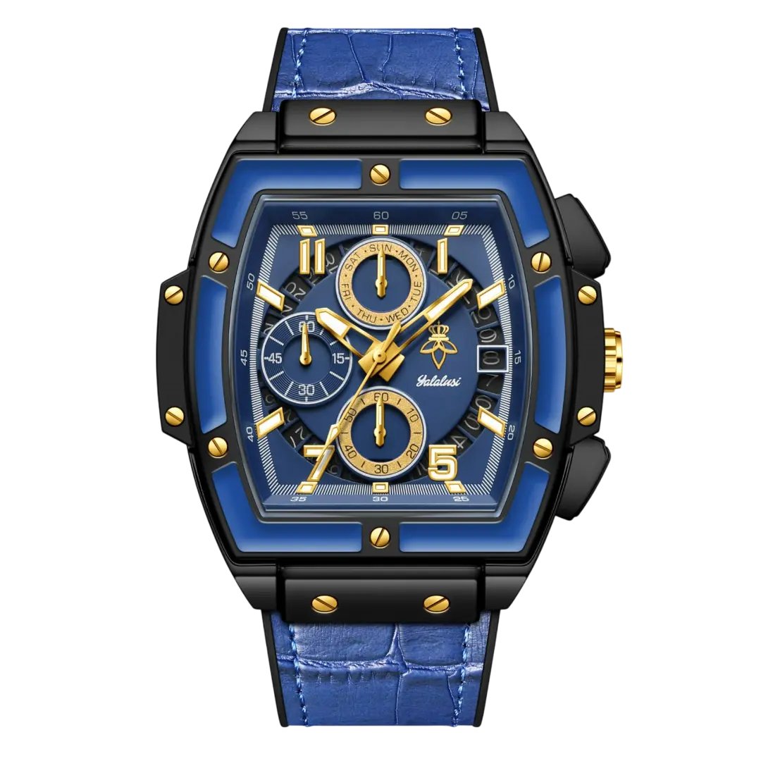Sergio Cavelli VYRONIX men's sport chronograph watch with black leather strap and silver dial, featuring multiple subdials and sporty design.