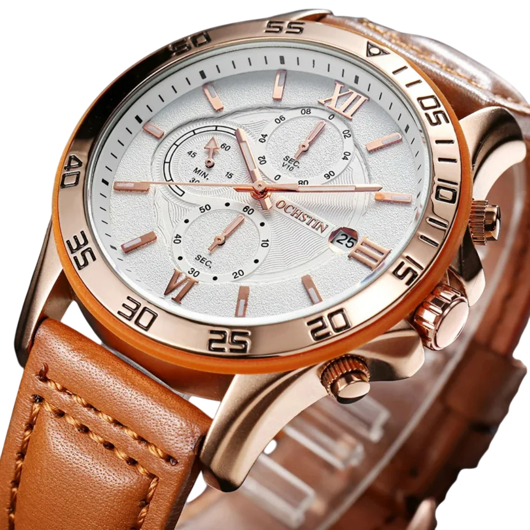 Men’s Giorgio Mareno NAZRYX designer dress chronograph watch with date window, sleek black dial and silver strap.