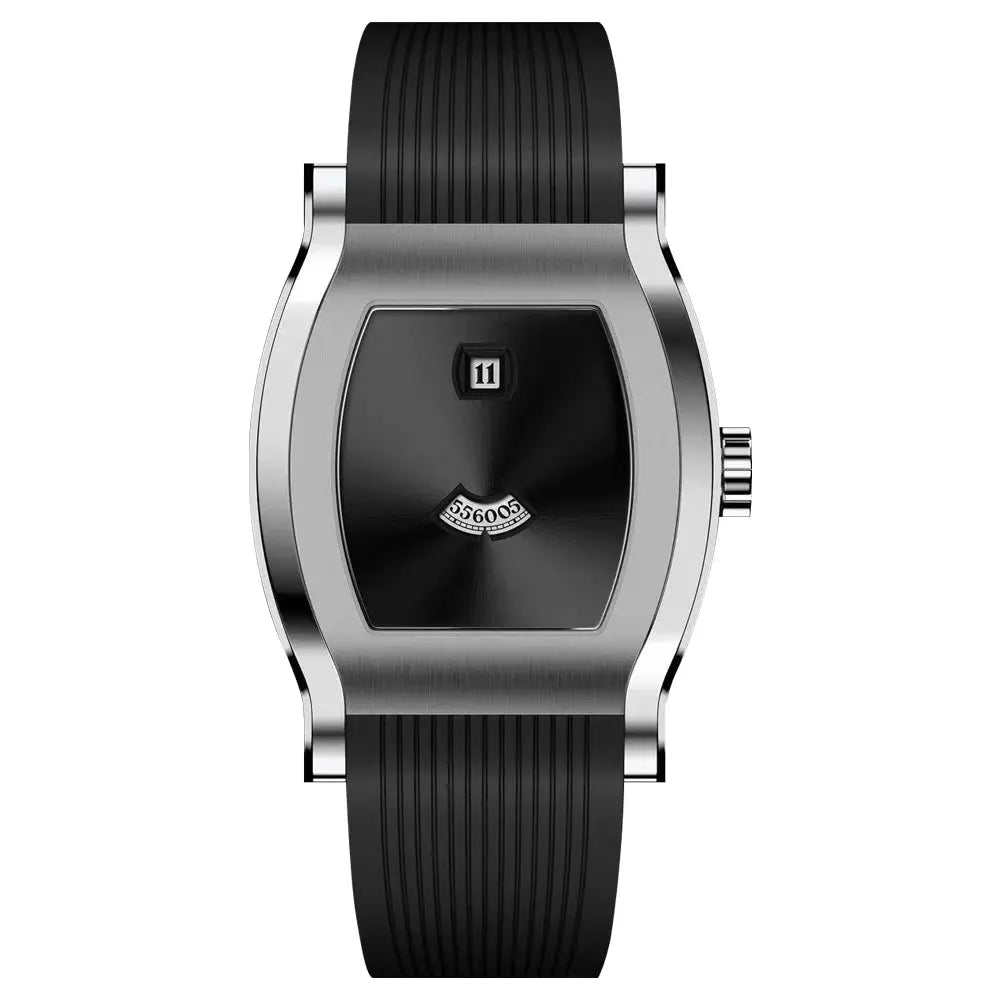 Giorgio Mareno QYNTRX men's futuristic designer watch with black silicone strap and sleek modern dial design.