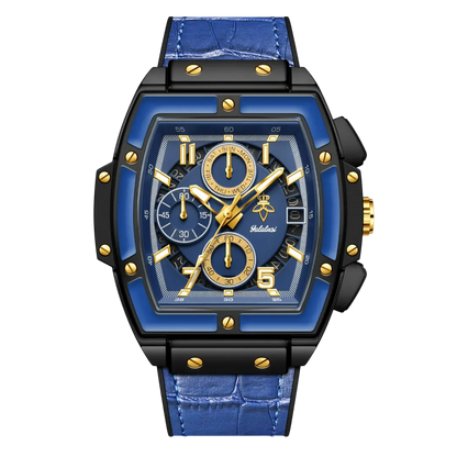 Sergio Cavelli VYRONIX men's sport chronograph watch with black leather strap and silver dial, featuring multiple subdials and sporty design.