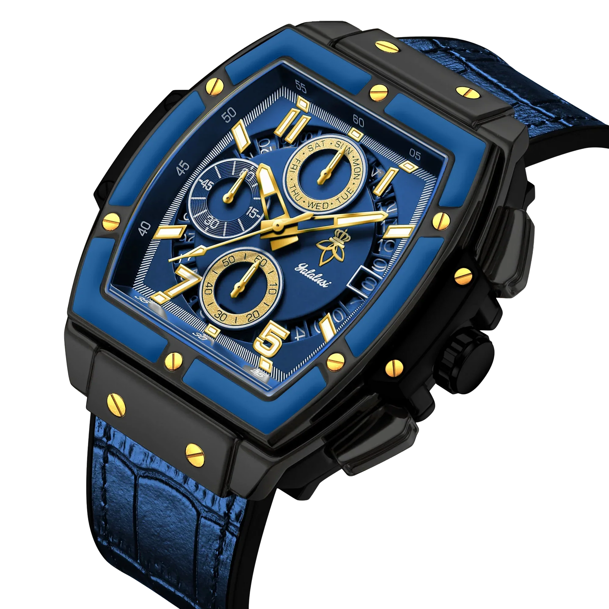 Sergio Cavelli VYRONIX men's sport chronograph watch with black leather strap and detailed dial on a white background
