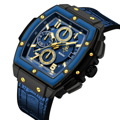 Sergio Cavelli VYRONIX men's sport chronograph watch with black leather strap and detailed dial on a white background