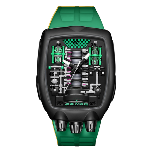 Giorgio Mareno XANQOR elegant wristwatch with black leather strap and silver dial, close-up view.