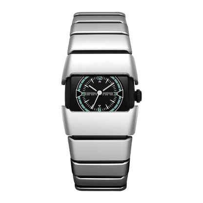 Maurice Belmont TURVEX men's designer rectangular watch with metal bracelet and sleek black dial.