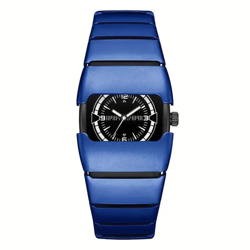 Maurice Belmont TURVEX men's rectangular designer watch with metal bracelet, close-up showing black dial and silver case.