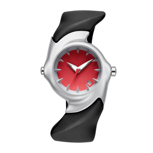 Giorgio Mareno VELRON men's leather watch with black dial and silver case, close-up of the stylish wristwatch.