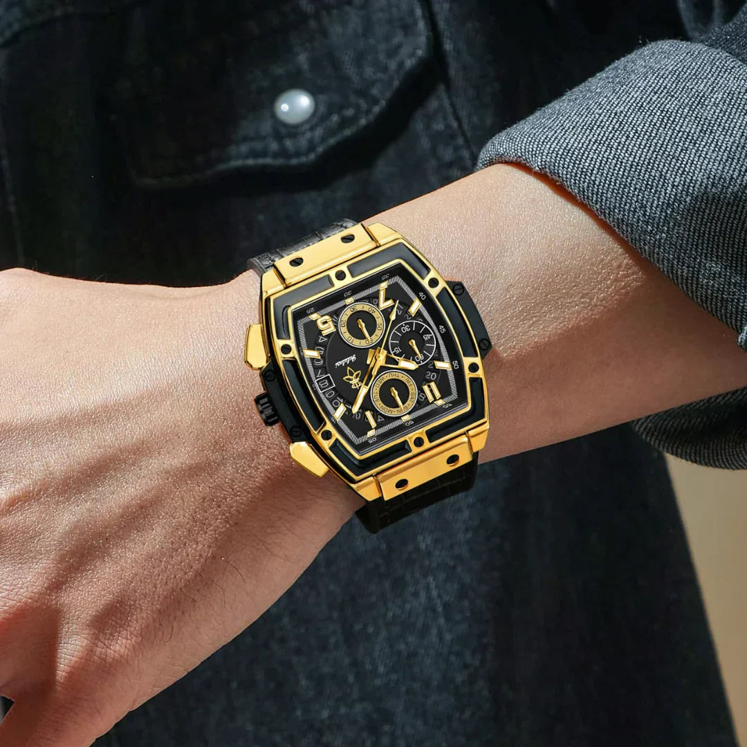 Sergio Cavelli VYRONIX men's sport chronograph watch with black leather strap and stainless steel case, close-up view of dial and strap.