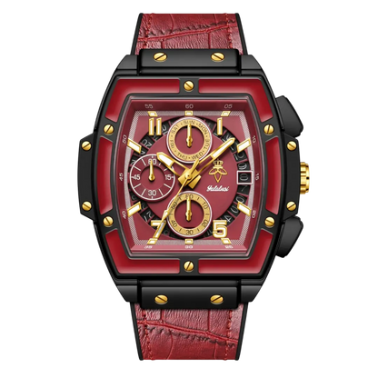 Sergio Cavelli VYRONIX men's sport chronograph watch with black leather strap and silver dial on a white background.