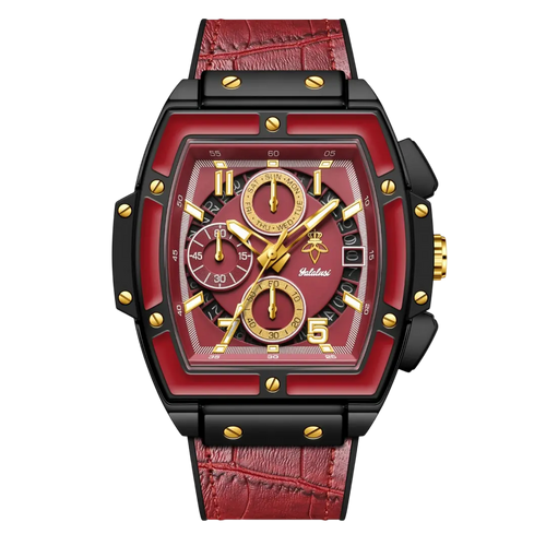Sergio Cavelli VYRONIX men's sport chronograph watch with black leather strap and silver dial on a white background.