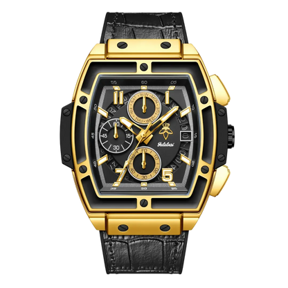 Sergio Cavelli VYRONIX men's sport chronograph watch with black leather strap and silver dial featuring multiple subdials.