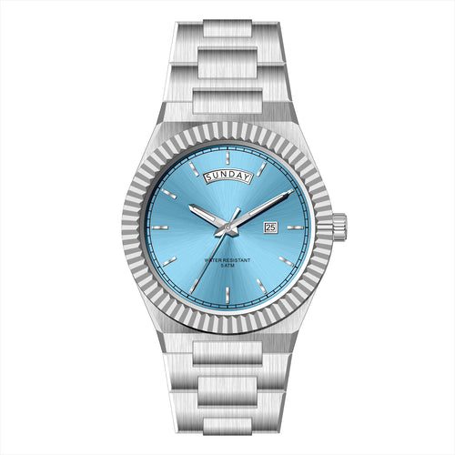 AURIXA IB – Men’s Luxury Ice Blue Dial Stainless Steel Day-Date Watch