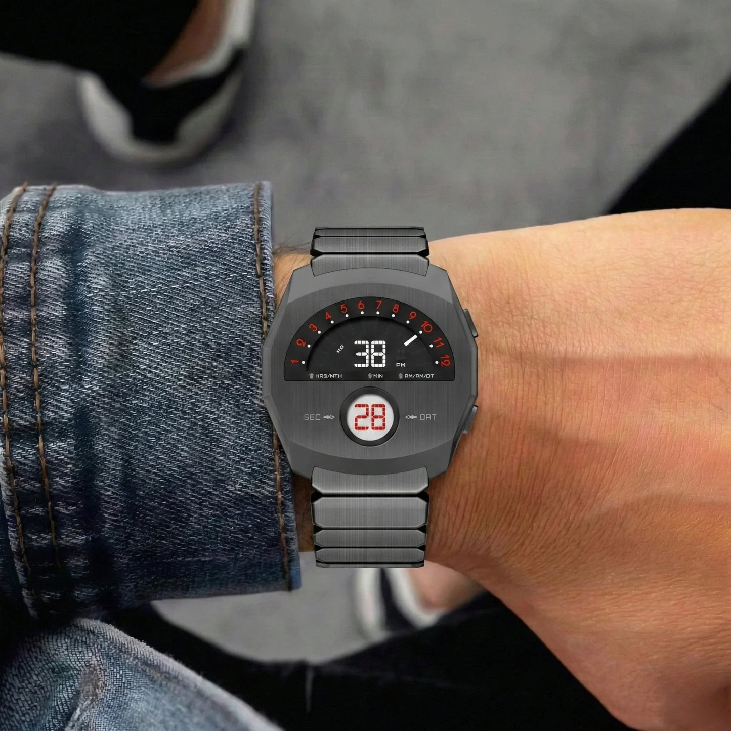 Giorgio Mareno Neptior retro-futuristic metal digital dual display watch with sleek design and modern style.