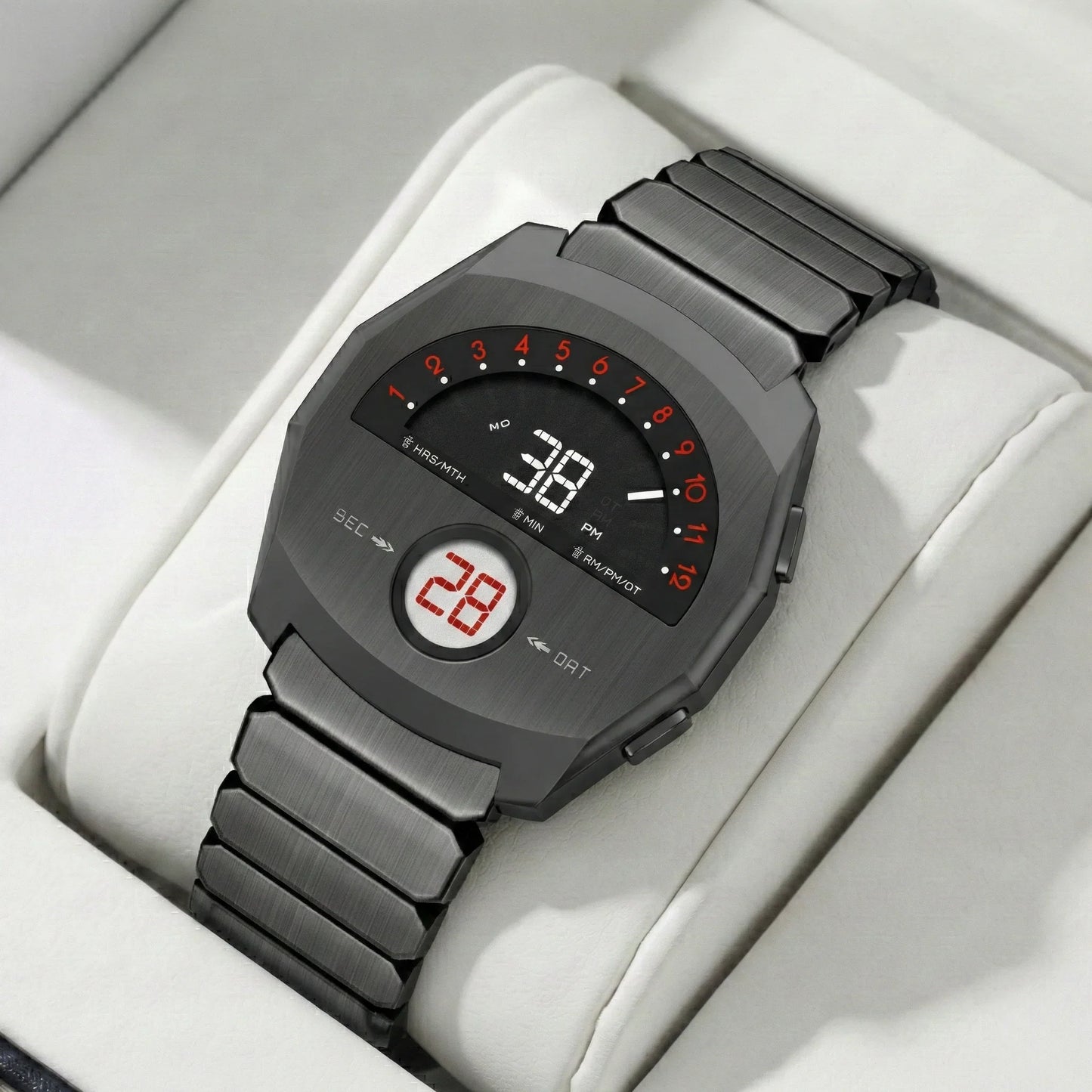 Giorgio Mareno NEPTIOR retro-futuristic metal digital dual display watch with sleek design and modern aesthetic.