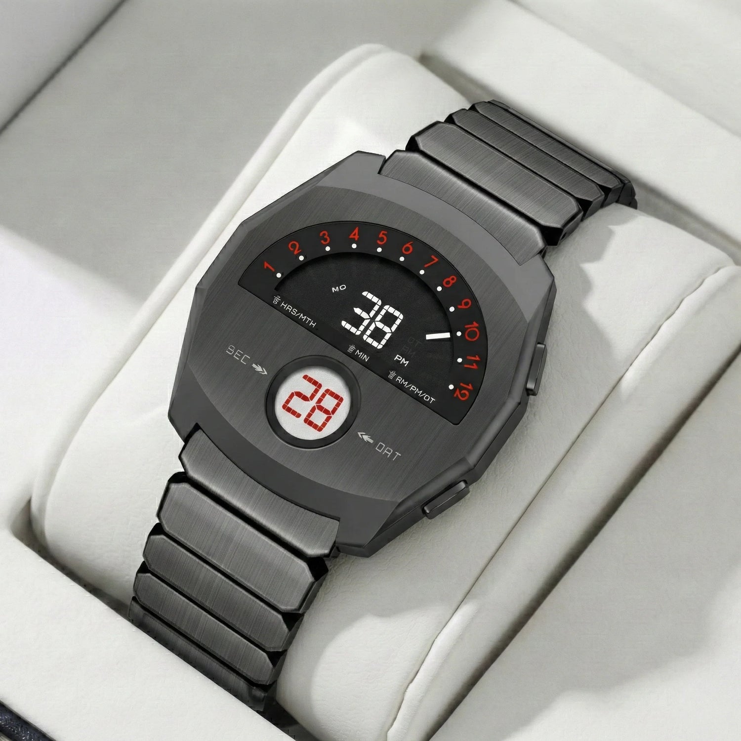 Giorgio Mareno NEPTIOR retro-futuristic metal digital dual display watch with sleek design and modern style.