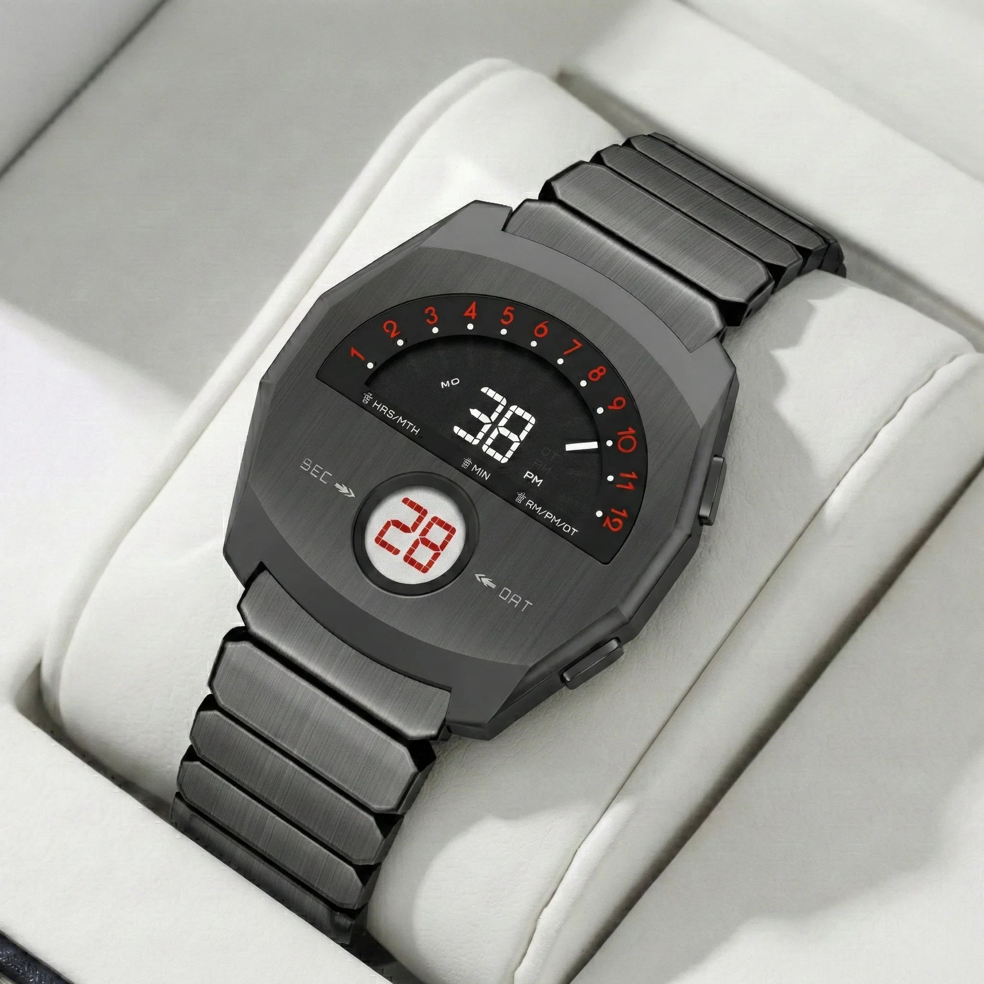 Giorgio Mareno NEPTIOR retro-futuristic metal digital dual display watch with sleek design and modern aesthetic.