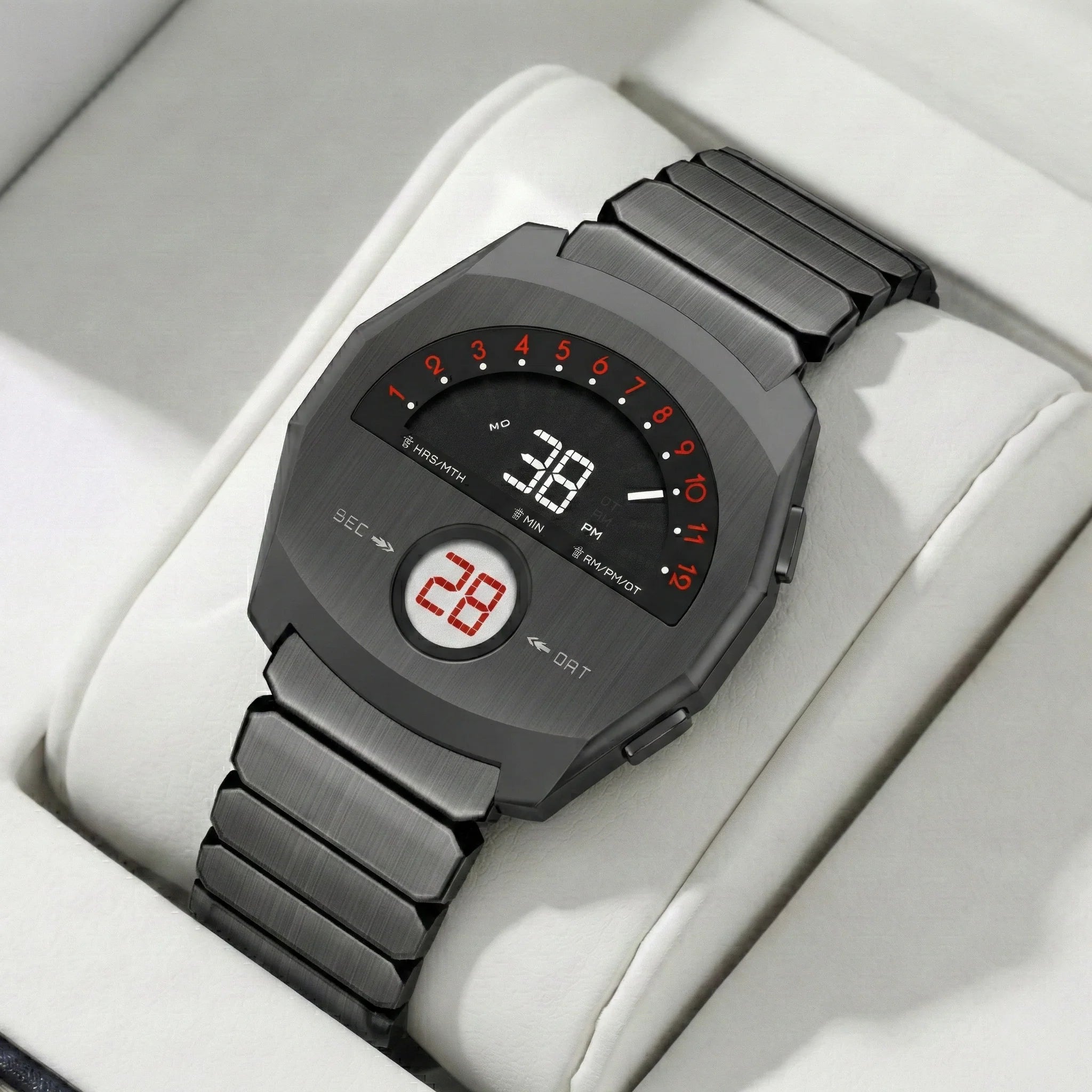 Giorgio Mareno NEPTIOR retro-futuristic metal digital dual display watch with sleek design and modern style.