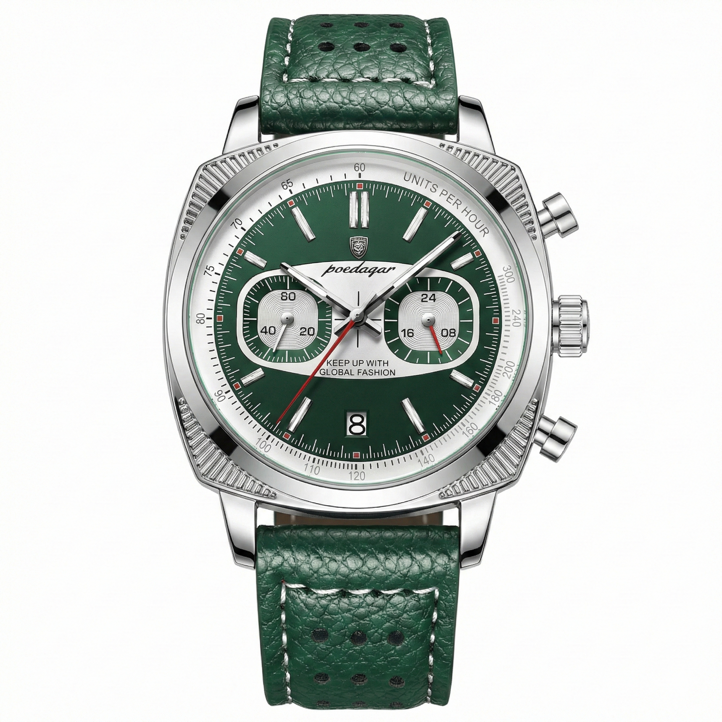 Giorgio Mareno Zelvorin men's luxury chronograph watch with tachymeter bezel, silver dial, and stainless steel band.