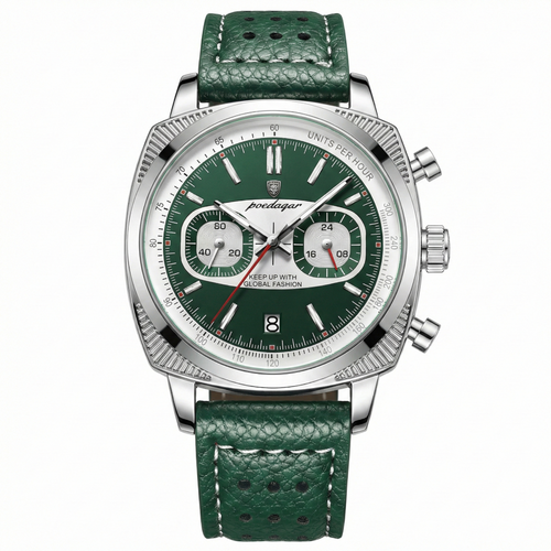 Giorgio Mareno Zelvorin men's luxury chronograph watch with tachymeter bezel, silver dial, and stainless steel band.