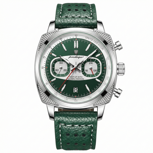Giorgio Mareno Zelvorin men's luxury chronograph watch with tachymeter bezel, silver dial, and stainless steel band.