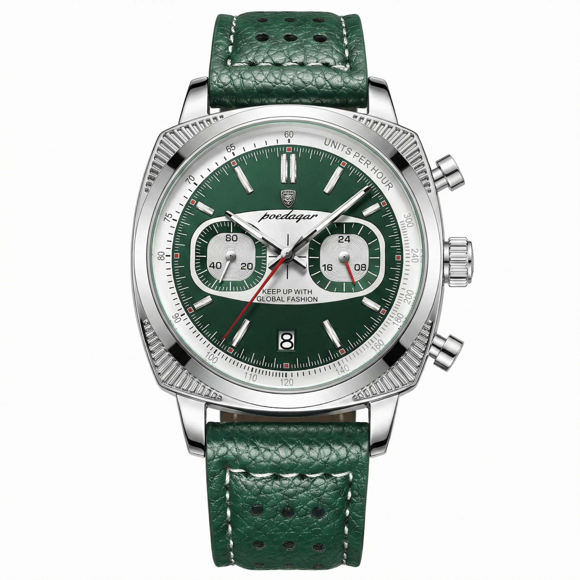 Giorgio Mareno Zelvorin men's luxury chronograph watch with tachymeter bezel, silver dial, and stainless steel band.