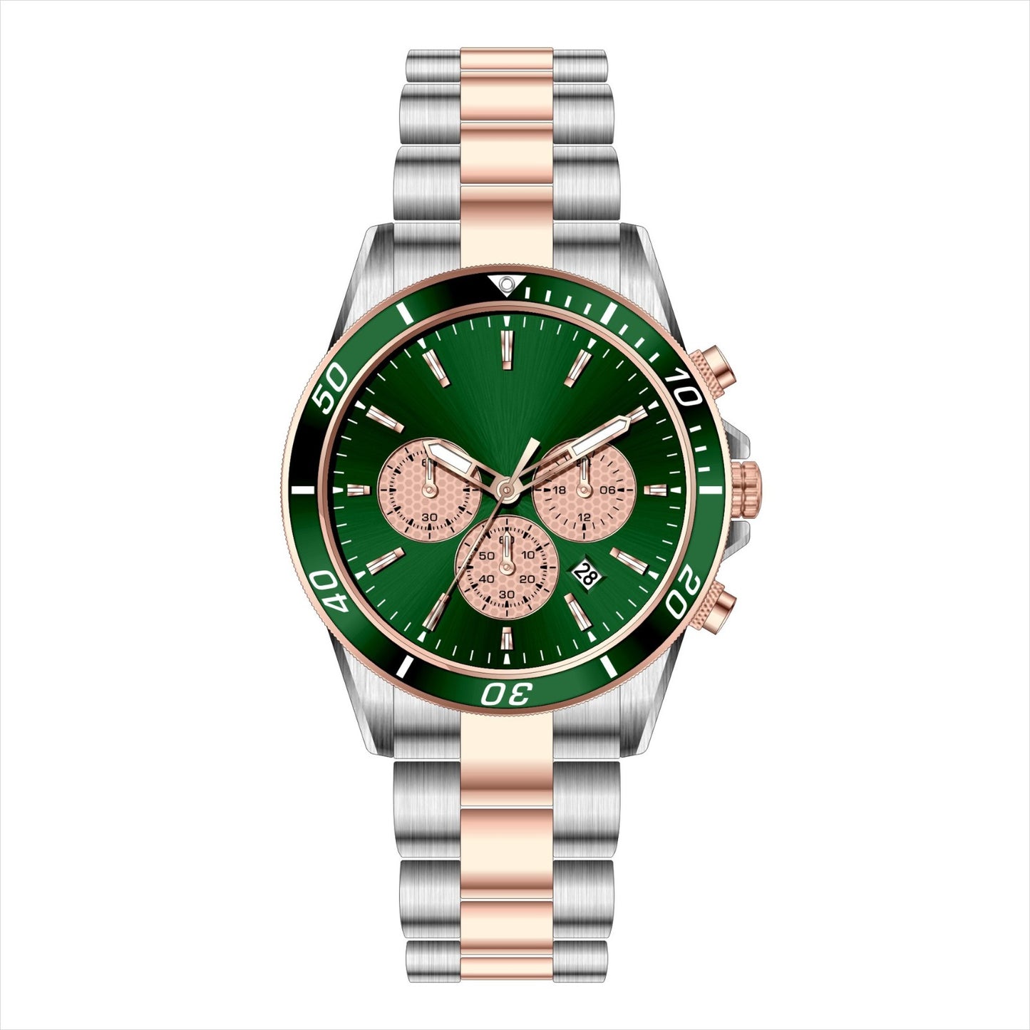 MERXON EG – Men’s Luxury Two-Tone Emerald Green Sunray Dial Chronograph Steel Watch