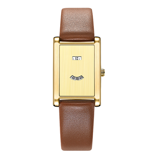 Giorgio Mareno ISANDRE women's gold rectangular watch with brown leather strap on a white background