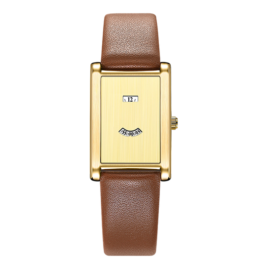 Giorgio Mareno ISANDRE women's gold rectangular watch with brown leather strap on a white background