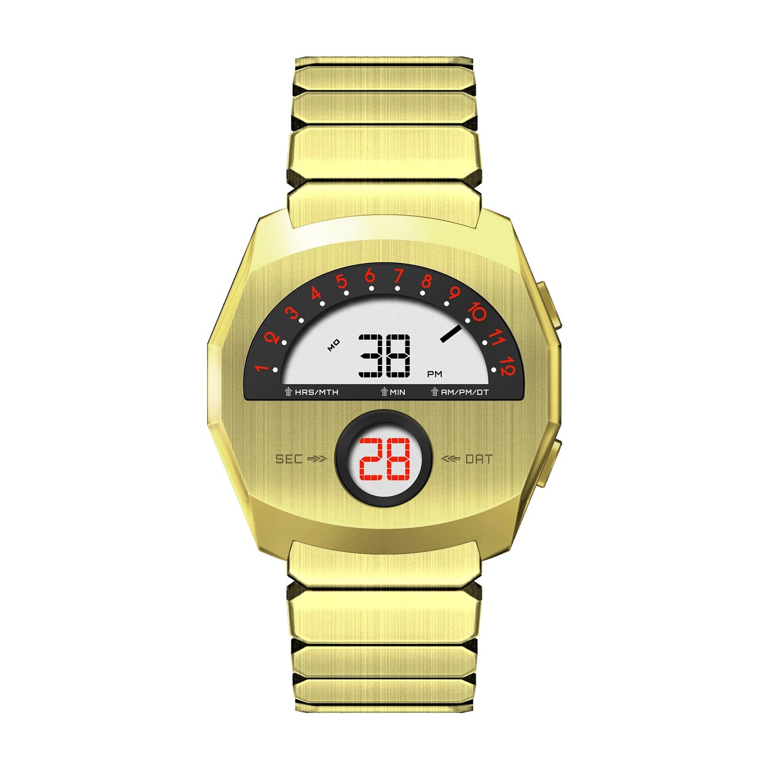 Giorgio Mareno NEPTIOR retro-futuristic metal digital dual display watch with sleek design and modern aesthetic.