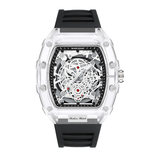 Giorgio Mareno ZYNRAXIS stylish wristwatch with black leather strap and round silver dial, close-up view.