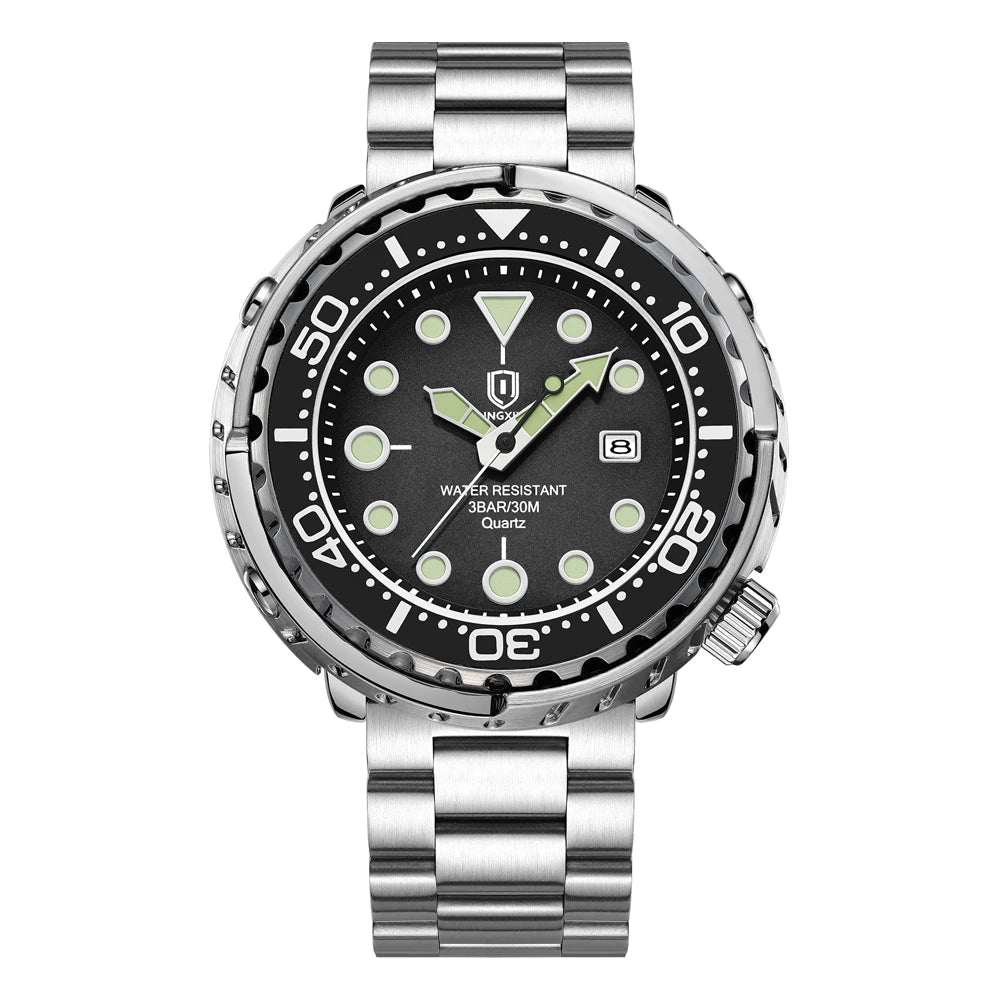 Men’s sport dive watch by Giorgio Mareno featuring a black dial, stainless steel band, and water-resistant design.