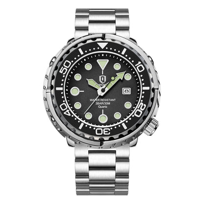 Men’s sport dive watch by Giorgio Mareno featuring a black dial, stainless steel band, and water-resistant design.