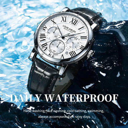 Giorgio Mareno Louie Juelen men’s quartz watch with leather strap and 3 bar water resistance, displayed on a neutral background.