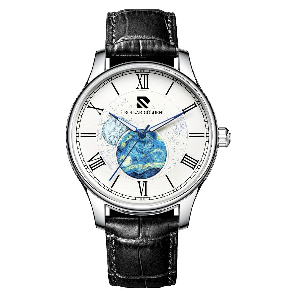 Giorgio Mareno MYSTRYX stylish watch with black leather strap and silver dial, showing time with elegant design