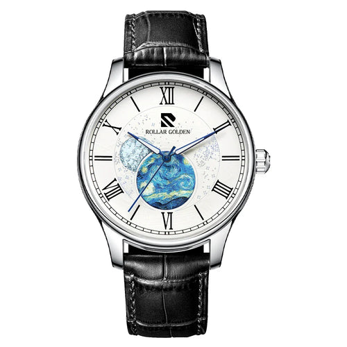 Giorgio Mareno MYSTRYX stylish watch with black leather strap and silver dial, showing time with elegant design