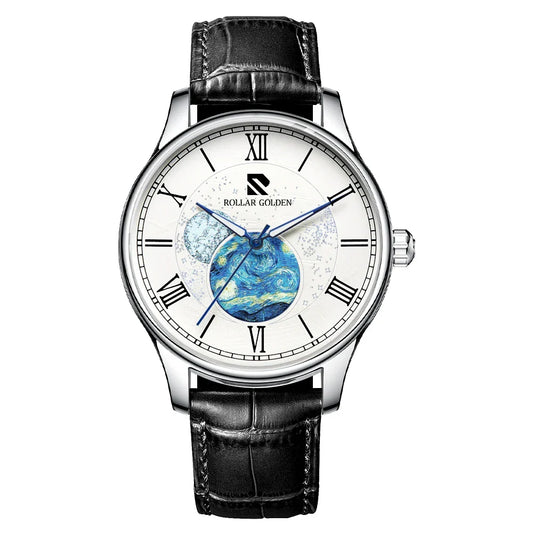 Giorgio Mareno MYSTRYX stylish watch with black leather strap and silver dial, showing time with elegant design