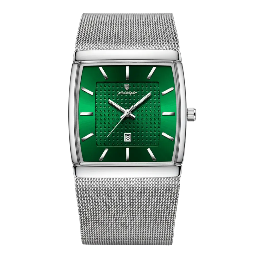 Men’s Sergio Cavelli LEVRON square watch with Milanese mesh strap, featuring a sleek black dial and silver-tone case.