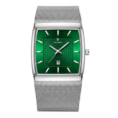 Men’s Sergio Cavelli LEVRON square watch with Milanese mesh strap, featuring a sleek black dial and silver-tone case.