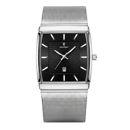 Sergio Cavelli LEVRON men's square watch with stainless steel Milanese mesh strap and minimalist black dial.