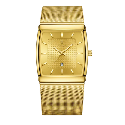 Sergio Cavelli LEVRON men's square watch with Milanese mesh strap, featuring a sleek black dial and silver case.