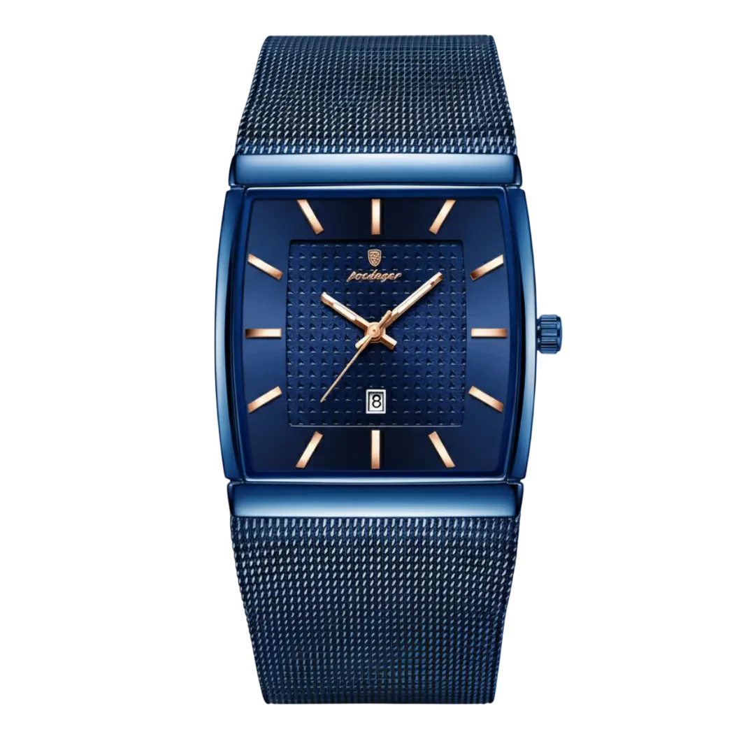Men’s classic square watch by Sergio Cavelli with a sleek Milanese mesh strap, featuring a silver dial and minimalist design.