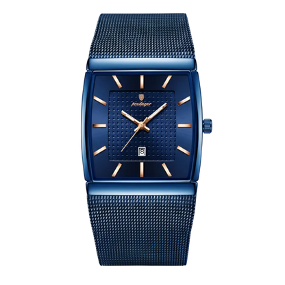 Men’s classic square watch by Sergio Cavelli with a sleek Milanese mesh strap, featuring a silver dial and minimalist design.