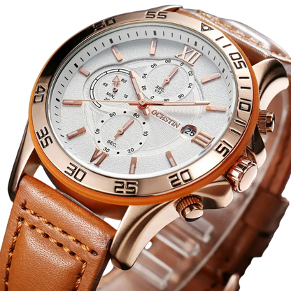 Men’s Giorgio Mareno NAZRYX designer dress chronograph watch with date window, sleek black dial and silver strap.