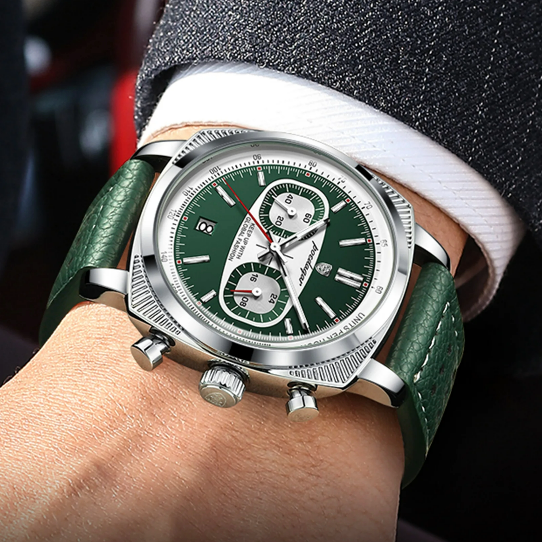 Giorgio Mareno Zelvorin men's luxury chronograph watch with tachymeter bezel, silver dial, and stainless steel band.