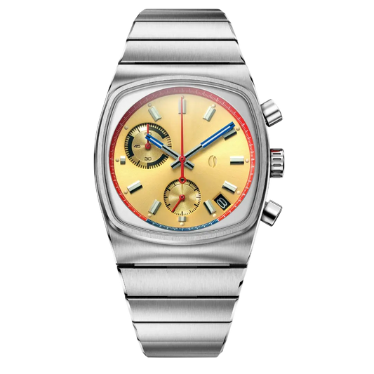 Giorgio Mareno GYRXON luxury wristwatch with black leather strap and silver dial, displayed on a white background