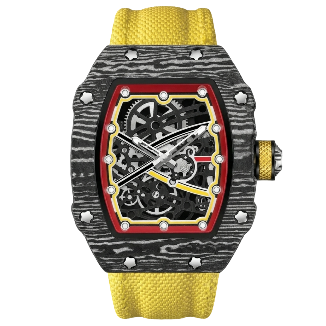 Martino Valenti Skeleton Tonneau Sport Watch with a black carbon fiber case, intricate gear dial, and yellow strap.