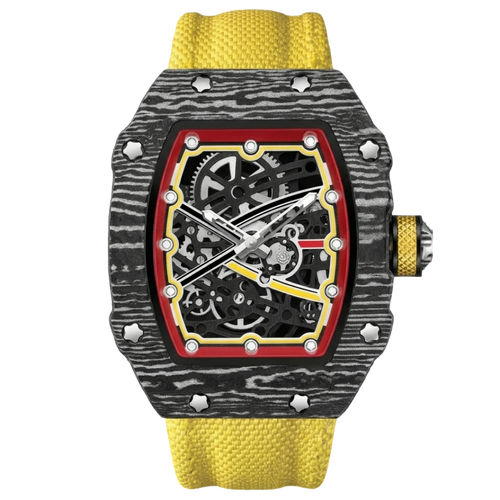 Martino Valenti Skeleton Tonneau Sport Watch with a black carbon fiber case, intricate gear dial, and yellow strap.