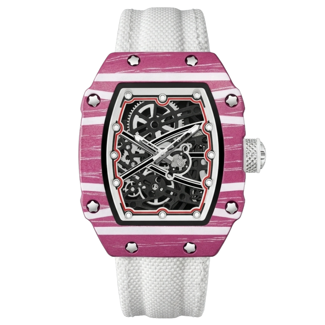Martino Valenti Skeleton Tonneau Sport Watch with pink and white striped case, black movement dial, and white fabric strap.