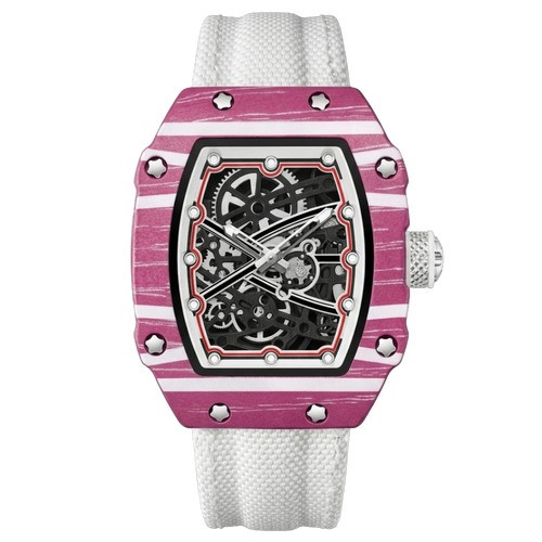 Martino Valenti Skeleton Tonneau Sport Watch with pink and white striped case, black movement dial, and white fabric strap.