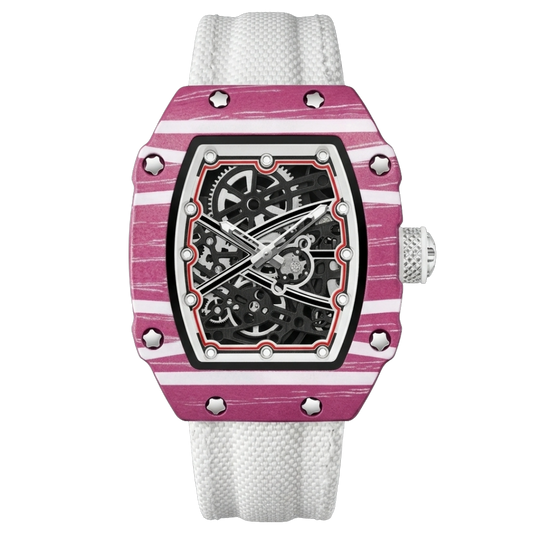 Martino Valenti Skeleton Tonneau Sport Watch with pink and white striped case, black movement dial, and white fabric strap.