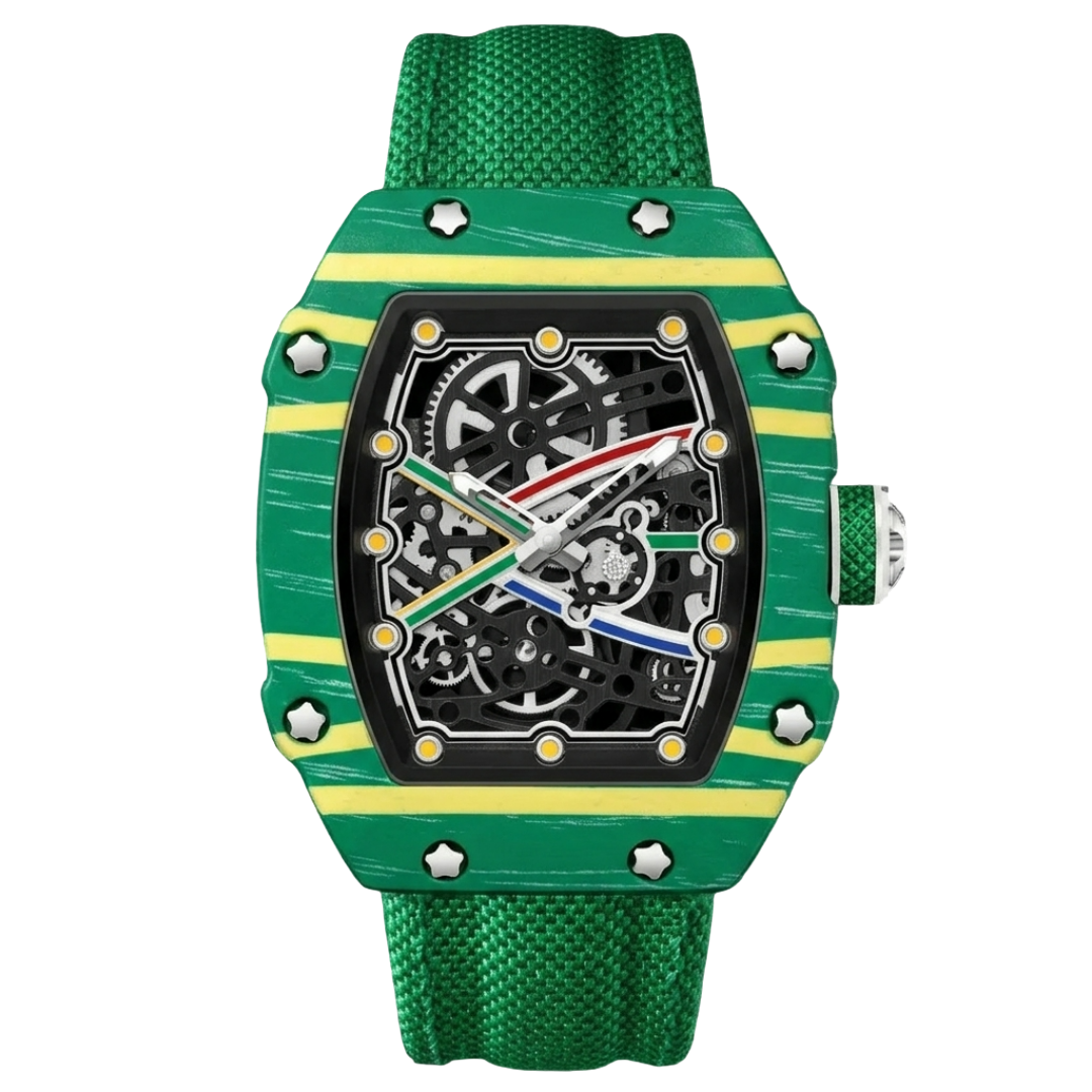 Martino Valenti TYRAVEX green tonneau sport watch with skeleton dial, yellow stripes, and textured silicone strap.